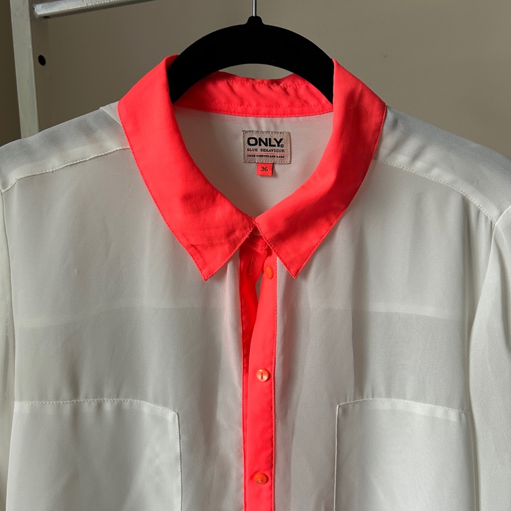 2 for $10 Sheer blouse with fluorescent orange detail - Picture 2 of 7